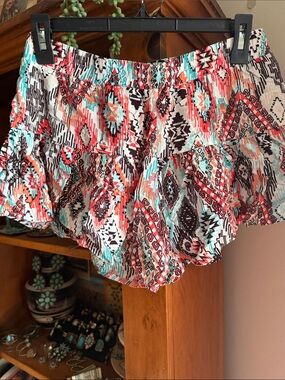 Women's Aztec Print Ruffle Shorts - Coral & Turquoise